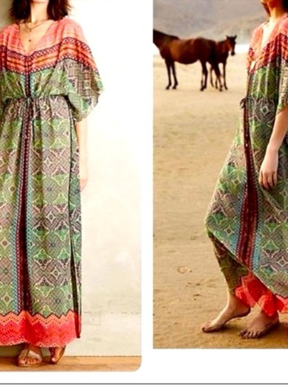 Anthropologie Green & Coral Printed Boho Maxi Dress Size Small